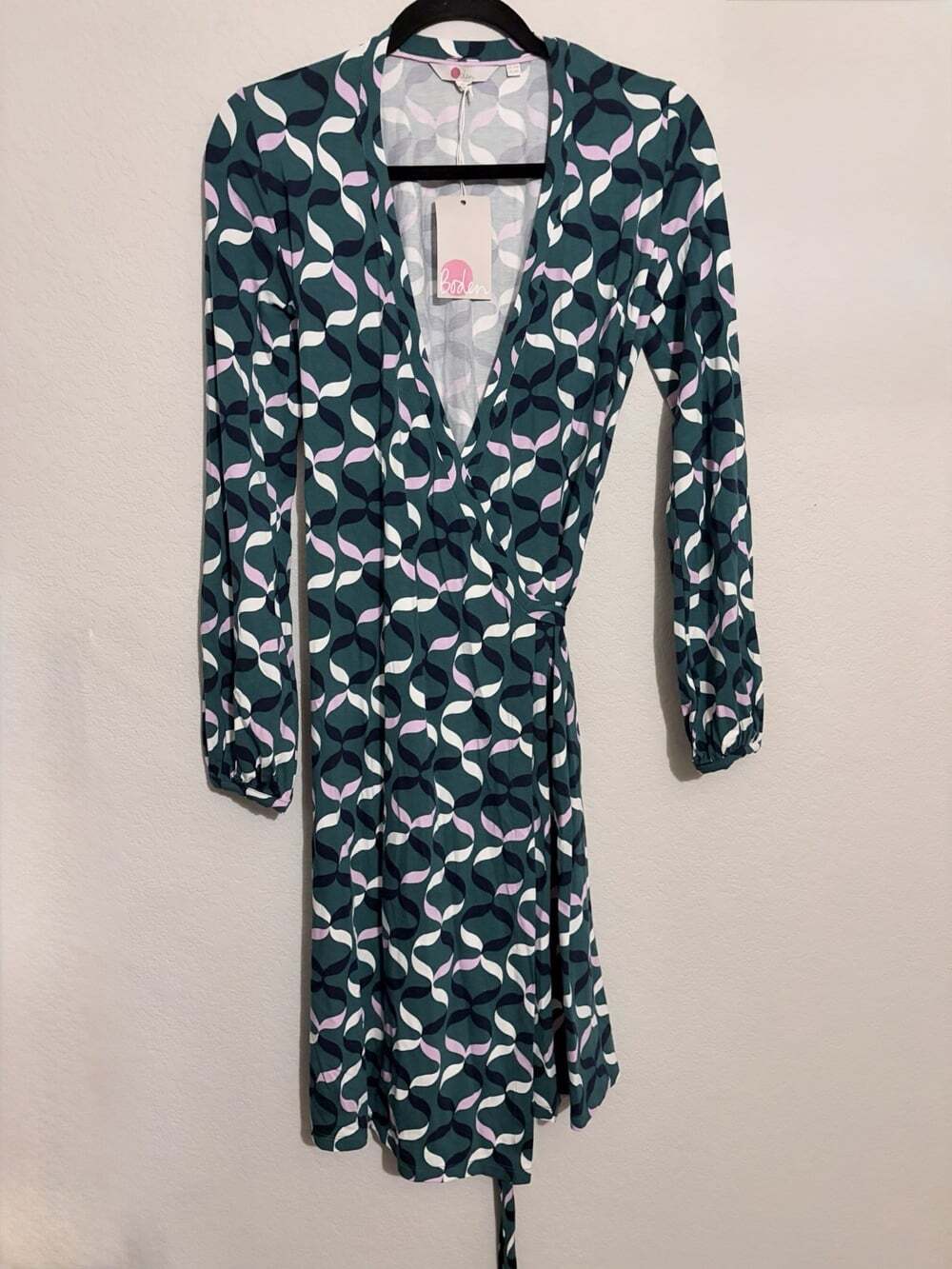 Boden NWT Teal Geometric Wrap Dress with Pink & White Accents -Sz 6R